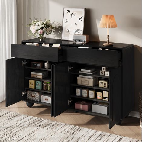 Buffet 140x38x89 cm noir en MDF et panneaux de particules avec 2 tiroirs, 4 portes et étagères réglables (1/5)