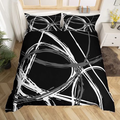 Parure de lit en microfibre avec housse de couette en microfibre pour enfants, garçons et filles - Motif géométrique et cercles rétro - Rayures grises noires et blanches - Pour lit simple (1/5)