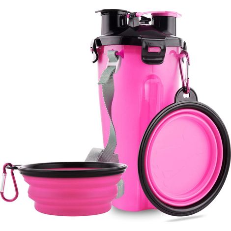 Gourde de voyage pour chien avec gamelles pliables, récipient 2 en 1 pour nourriture et eau, gamelles portables pour promenades, voyages, camping et randonnée (Rose) (1/5)