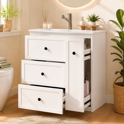 BATDTECH - Mueble de Baño con Lavabo de Cerámica 76cm, Mueble Lavabo Suelo Blanco con 4 Cajones, Armario de Baño Moderno con Cajón Lateral y Cierre Suave