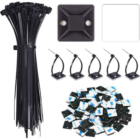 Lot de 200 bases adhésives pour serre-câbles Noir - 100 socles et 100 serre-câbles (1/5)