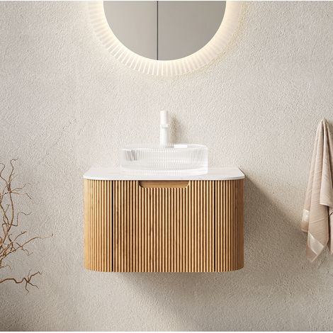 Mobile lavabo sospeso moderno 61 cm con lavabo rotondo in vetro trasparente, piano bianco effetto Carrara e cassetto soft-close (1/5)