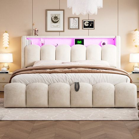 Lit double-hydro-rembourré-velours-pétales-LED-USB&Type-C-rangement-tête-189x228,5x110,5cm-Sans Matelas (1/5)
