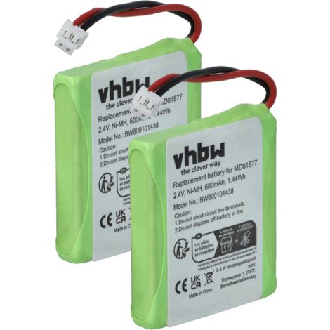 vhbw 2x NiMH Akku 600mAh (2.4V) kompatibel mit schnurlos Festnetz Telefon AVM / Fritzphone MT-D Ersatz für 5M702BMX, GP0827, GPHP70-R05.