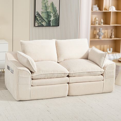 Canapé 2 places en tissu côtelé beige 191x94x85 cm, avec coussins et poches latérales (1/5)