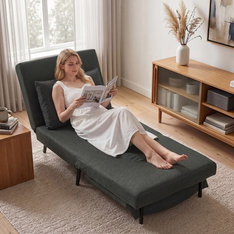 Fauteuil 3 en 1 pliable en lin avec dossier réglable, ressorts en S, pieds en métal, gris foncé (1/5)