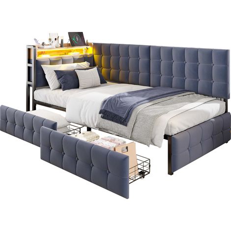 Canapé-lit 90 x 200 cm avec 2 tiroirs, LED multicolore, ports USB et USB-C, cadre métal et tissu gris, lit gain de place convertible - CHICFURN (1/5)