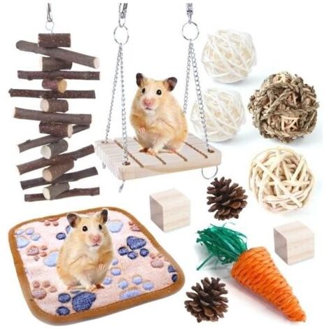 (couleur multiple)Lot de 12 jouets pour hamster en bois à mâcher, ensemble de jouets à mordre, soin des dents pour cochons d'Inde, chinchillas, (1/4)