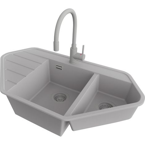 PRIMAGRAN Evier d'angle en Granit 90x50cm,Lavabo Cuisine 1,5 bacs + Robinet 38x14cm + Kit de Vidage, Évier à Encastrer au meuble 70cm - Copenhague Corner, Gris (1/5)