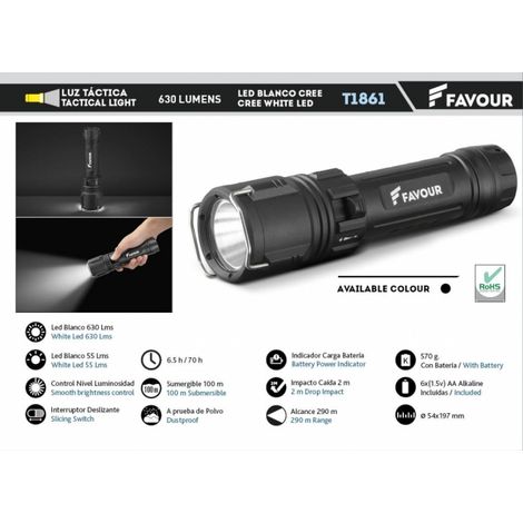 Tactical Dive Light Favour 100 M Cree White LED 630lm con 6 batterie AA incluse T1861