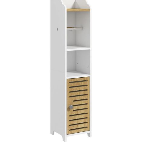 Furniture of bathroom modern with door-roll of paper toilet, shelves, 1 door, 18 x 20 x 90 cm, white and oak (1/5)