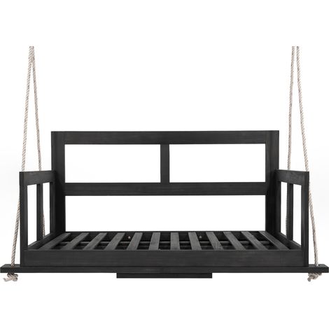 Balançoire double en bois d'acacia avec coussins amovibles pour jardin, noir et beige, sans cadre (1/5)