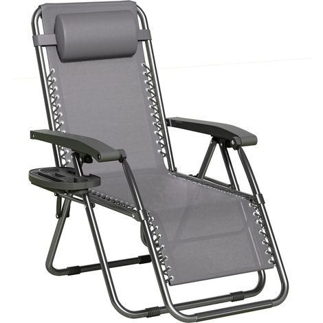 Set of 1 Zero Gravity Reclining Folding Outdoor & Garden Chairs with Textilene Fabric, Cup Holder and Headrest Pillow BLACK FRAME & DARK GREY TEXTILENE (1/5)