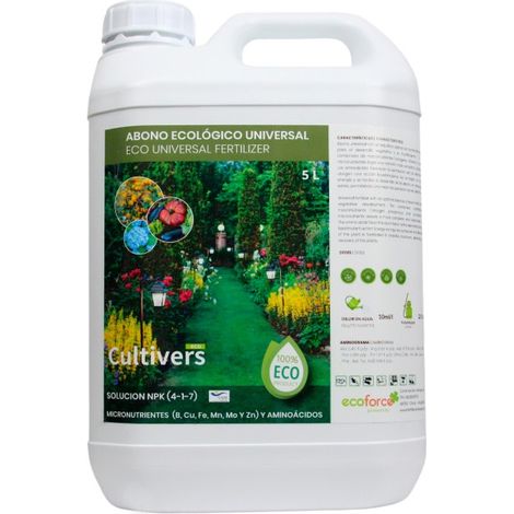 CULTIVERS Engrais Universal Ecologique Liquide 5 l - Engrais 100% Organique et Naturel - Solution de Npk (4-1-7) avec des Micronutriments (B, CU, Fe, MN, Mo et Zn) avec des Acides Aminés (1/4)