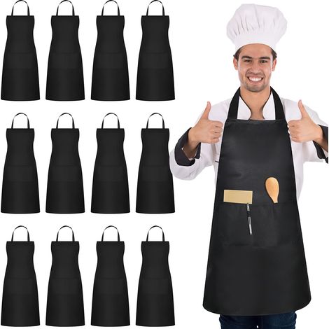 Lot de 12 Noir Tablier Cuisine pour Homme Tablier de Chef Réglable avec 2 Poches pour Femme Schürze Cuisine pour Cuisson Boulangerie (1/4)