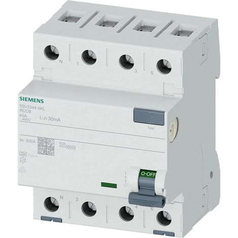 Siemens Interruptor diferencial, 4 polos, Tipo A, In: 40 A, 30 mA, Un AC: 400 V, N a la izquierda, 5SV33446KL
