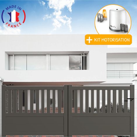 Portail aluminium coulissant semi-ajouré en kit + Motorisation dimensions L.3000 (entre piliers) X H.1300 mm Couleurs Gris quartz (RAL 7039)