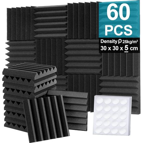 Lot de 60 panneaux acoustiques, 30 x 30 x 5 cm (densité : 25 kg/m³), mousse acoustique, 3D, absorbeur acoustique haute densité, pour salles d'enregistrement et bureaux (1/5)