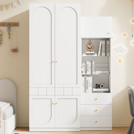 Set Armadio e Mobiletto Multiuso 80x50x200cm e 50x40x180cm con Asta e Cassetti Legno Ingegnerizzato Stile Moderno Bianco