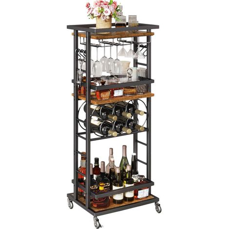 4-Tier Liquor Cabinet with wheels,Wine Rack Freestanding Floor, Bar Cart for Liquor Whiskey Wine,Versatile Wine Bottle Display Shelf,Mini Bar for Home Living Room