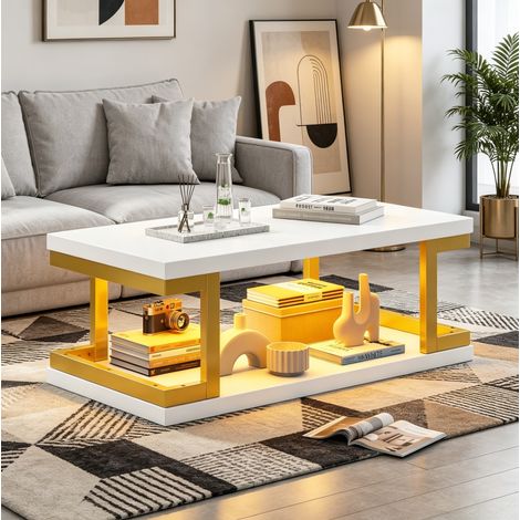 Tavolino rettangolare con LED 100 x 50 x 37,5 cm bianco e dorato OKWISH (1/5)