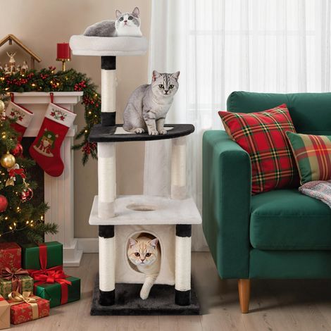 Arbre à Chat Multi-Niveaux Tour Moderne pour Chats avec Poteaux et Panneau à Griffer en Sisal Plateforme Arquée Perchoir Rembourré Beige (1/3)