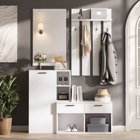 Vestiaire d’entrée 120x35x175,5 cm avec meuble à chaussures, miroir, patères et 2 tiroirs, blanc (1/5)