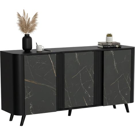 Credenza Loreo, Madia da salotto con tre ante battenti e vani interni, Rialzata da terra, 151x42 h70 cm, Marmo e Nero