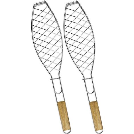 Panier à poisson pour barbecue - Grille à poisson 2 pièces en acier inoxydable avec manche en bois - Accessoires de barbecue pour le camping et la cuisine en plein air (1/5)