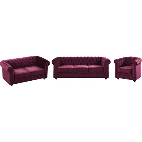 Canapés 3 places, 2 places et fauteuil en velours pourpre CHESTERFIELD