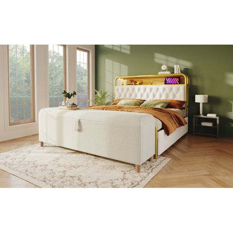 Panca contenitore 175x38x46 cm in legno e tessuto a coste beige FloraGrace (1/5)