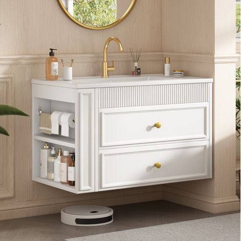 Mueble lavabo mural 81 cm blanco brillo con 2 cajones, almacenamiento lateral y lavabo cerámico (1/5)