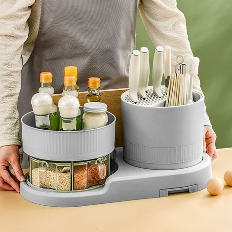 Porte-ustensiles de cuisine multifonctionnel rotatif, porte-couteaux, porte-baguettes avec égouttoir, organisateur d'épices blanc (1/5)