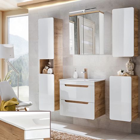 Badezimmer Möbel Set Hochglanz weiß inkl. 61 cm Keramikwaschtisch LUTON-56, B/H/ T ca. 161/200/46 cm (1/5)