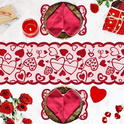 Lot de 5 décorations Saint-Valentin : chemin de table dentelle rouge cœur et sets de table, décoration pour maison, mariage, anniversaire, fête (1/4)