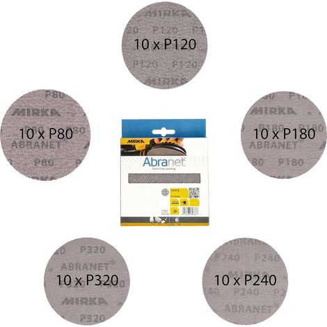 Mirka Abranet Netzschleifscheiben Ø 125 mm Klett, Mix-Pack 80/120/180/240/320, je 10 Stk, 50 Stk, für 125 mm Exzenterschleifer (1/5)
