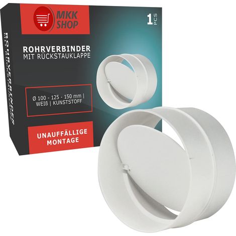 Connettore con aletta di riflusso, valvola di non ritorno, pezzo di collegamento, tubo di ventilazione, condotto rotondo, sistema di ventilazione, raccordo per tubo, diametro 100 mm, bianco (1/5)