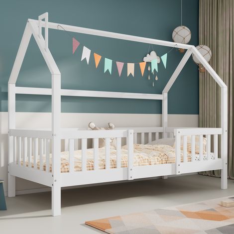 MEUBLIV Lit cabane 90x200 cm blanc – avec toit, garde-corps et cheminée, sans matelas (1/5)