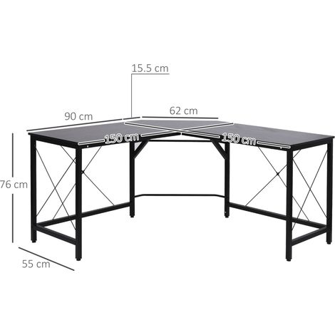 Bureau d'angle en L PC, 150x150x76 cm, panneau MDF noir, espace de travail moderne pour salon et télétravail, poste informatique compact (1/5)