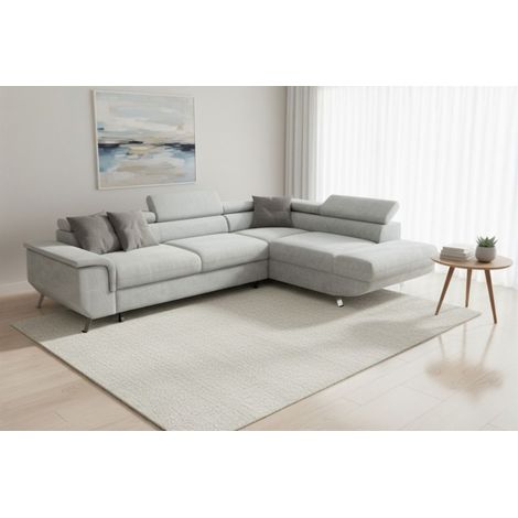 Ecksofa mit Schlaffunktion PLATO Sofa in Stoff Onega Hellgrau Ottomane Rechts