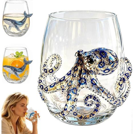 Verres à vin sans pied 3D motif pieuvre bleu verres de bar artisanaux animaux marins océan blancs (1/5)