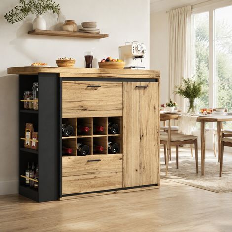 Mesa de comedor extensible (138x39x105 cm), con 2 cajones, botellero y estante abierto, MDF y metal, color madera (1/5)