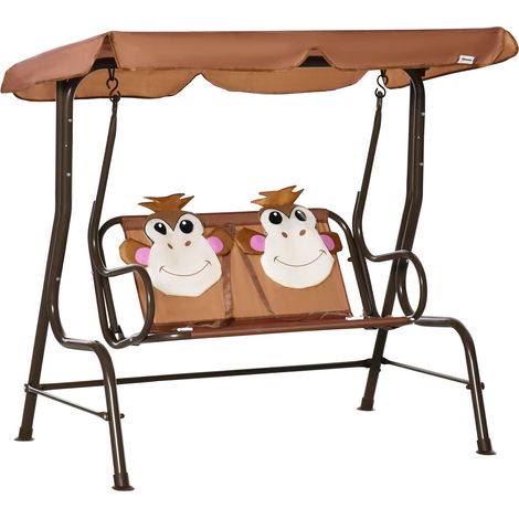 Outsunny 2 Seater Kids Garden Swing Seat, Children Outdoor Patio Lounge Chair for Gardens w/ Adjustable Awning, Seatbelt, Monkey Pattern - Brown (1/5)