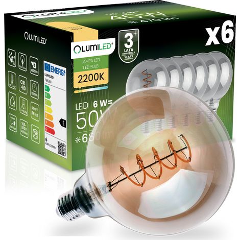 6 lampadine LED E27 sferiche G125 6W = 50W 660LM 2200K Luce calda Filamento fumé a 360° LUMILED