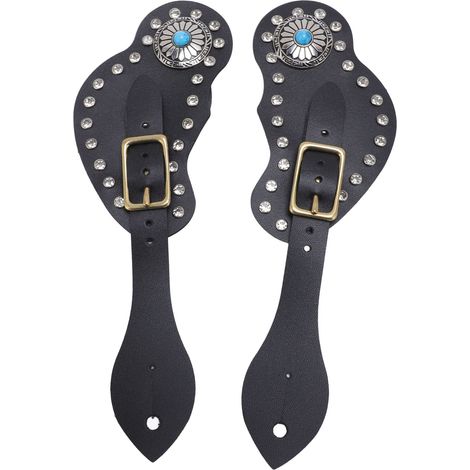 Ensemble de 2 sangles d'éperon en cuir artificiel, décorations en strass, support réglable pour cowboys noirs (1/5)