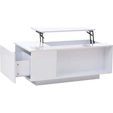Table basse relevable 1005040cm avec rangement caché, table d’appoint avec lumière LED, table de salon avec tiroir, table pour canapé, blanc (1/5)