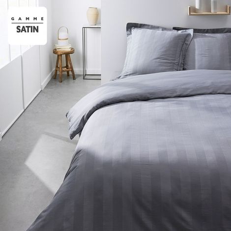 Parure de lit 3 pièces 240x220 cm percale satin uni rayé gris (1/2)
