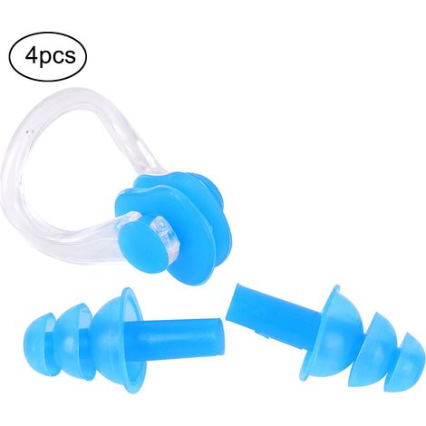 4-teiliges Set wasserdichter, weicher Silikon-Schwimmohrstöpsel, Ohrenschützer, Nasenclips, Klemmen und Werkzeuge (Blau) (1/5)