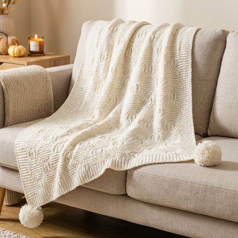Cream Soft Chenille Knit Pom Throw (1/2)