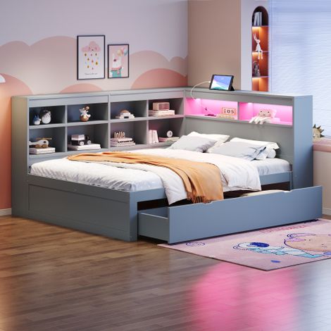 Okwish – Canapé-lit 140x200 cm avec tiroirs – Prise USB et lumière LED – Rangement sous le lit et étagères – Bois massif gris (1/5)
